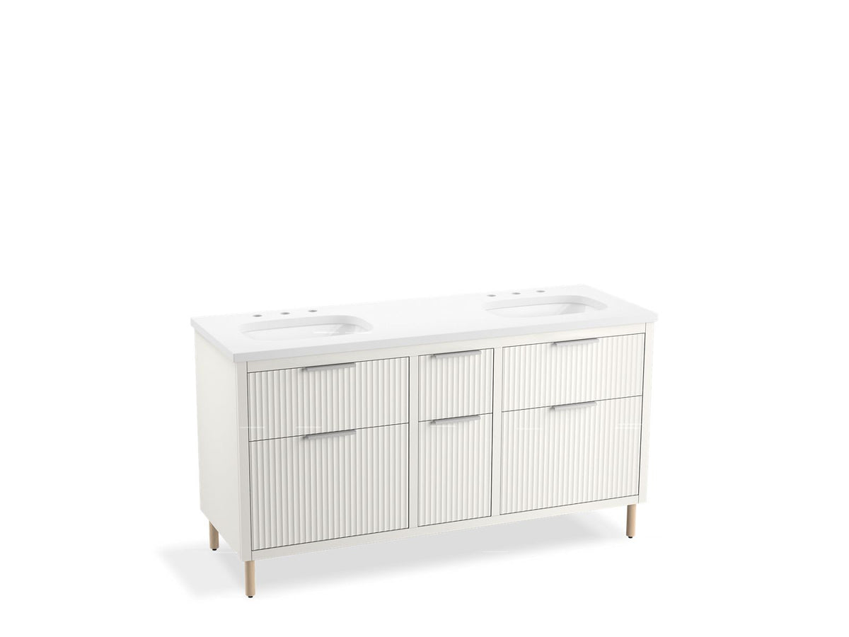 KOHLER K-32173-ASB-0 Spacity 60" Wall-Hung Bathroom Vanity Cabinet With Sinks And Quartz Top In White
