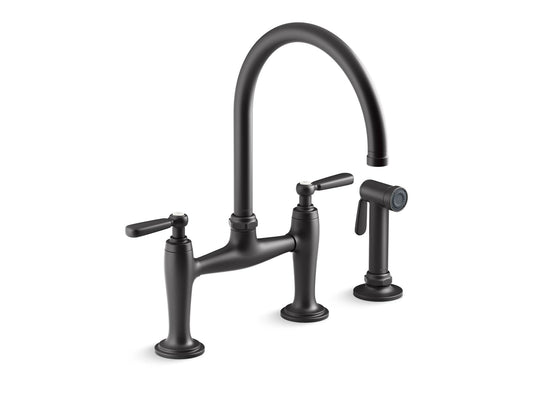 KOHLER K-28356-BL Edalyn By Studio Mcgee Two-Hole Bridge Kitchen Sink Faucet With Side Sprayer In Matte Black