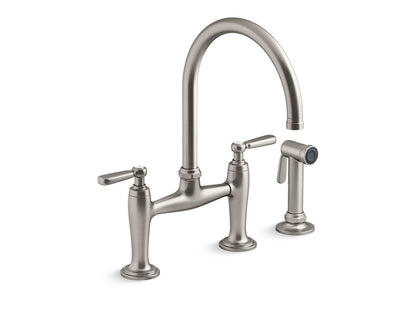 KOHLER K-28356-VS Edalyn by Studio McGee Two-hole bridge kitchen sink faucet with side sprayer - Vibrant Stainless