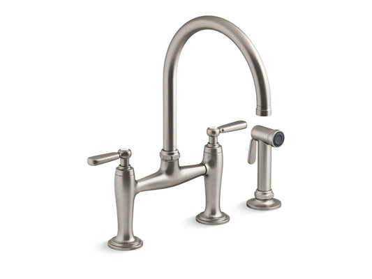 KOHLER K-28356-VS Edalyn by Studio McGee Two-hole bridge kitchen sink faucet with side sprayer - Vibrant Stainless