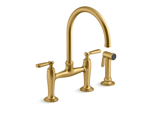 KOHLER K-28356-2MB Edalyn By Studio Mcgee Two-Hole Bridge Kitchen Sink Faucet With Side Sprayer In Vibrant Brushed Moderne Brass