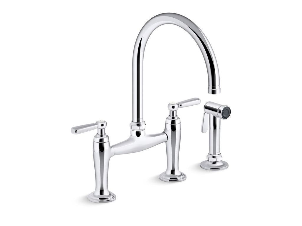 KOHLER K-28356-VS Edalyn By Studio Mcgee Two-Hole Bridge Kitchen Sink Faucet With Side Sprayer - Vibrant Stainless