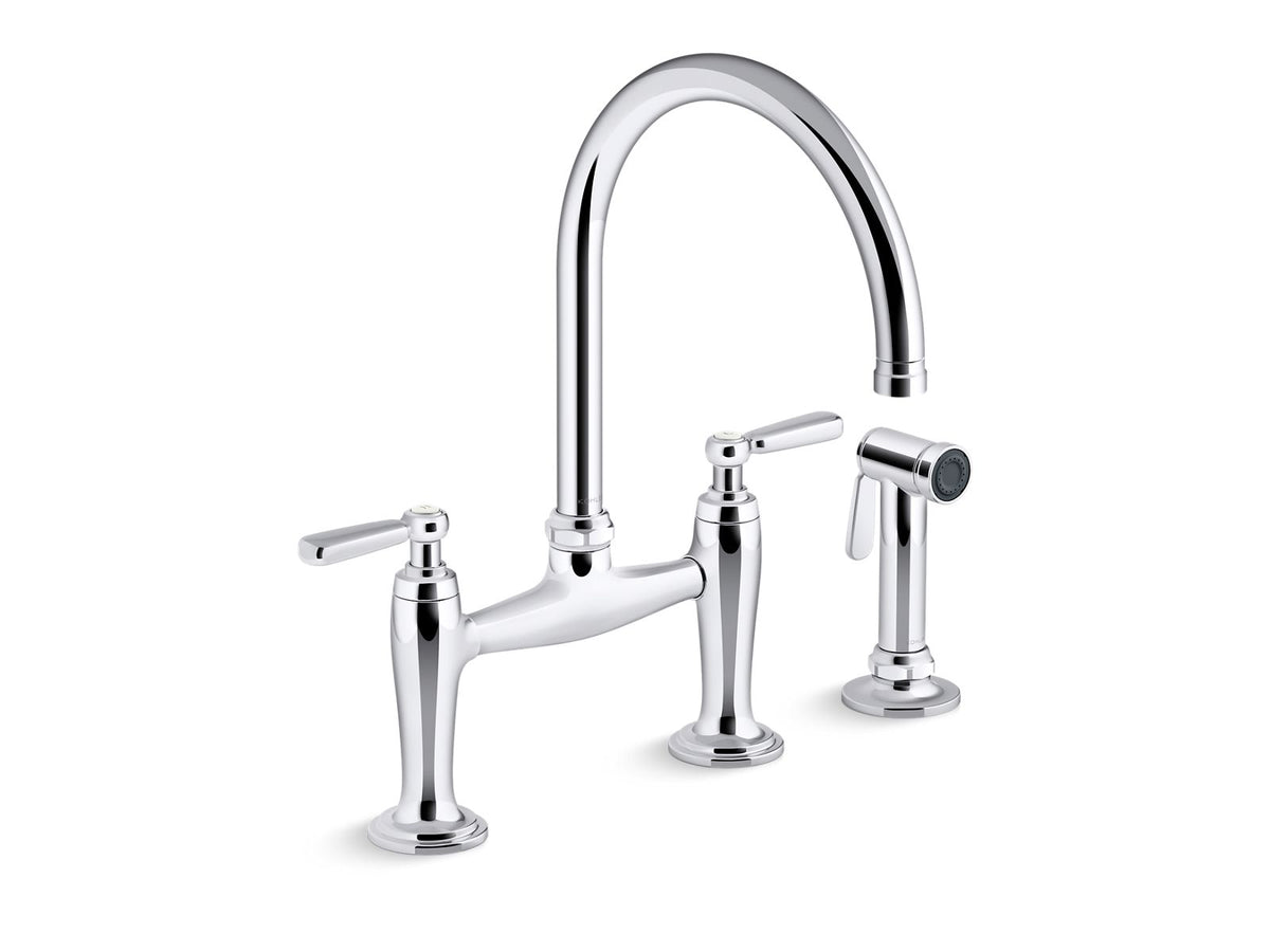 KOHLER K-28356-CP Edalyn By Studio Mcgee Two-Hole Bridge Kitchen Sink Faucet With Side Sprayer - Polished Chrome