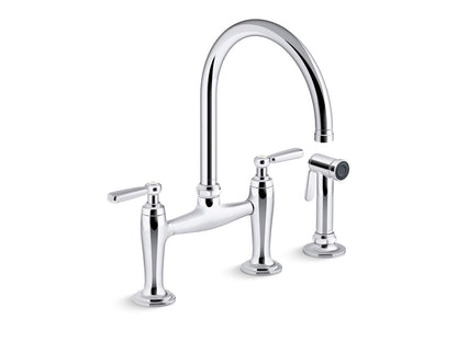 KOHLER K-28356-CP Edalyn by Studio McGee Two-hole bridge kitchen sink faucet with side sprayer - Polished Chrome