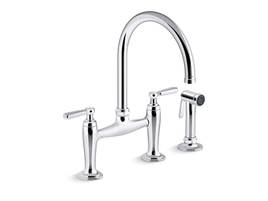KOHLER K-28356-CP Edalyn by Studio McGee Two-hole bridge kitchen sink faucet with side sprayer - Polished Chrome