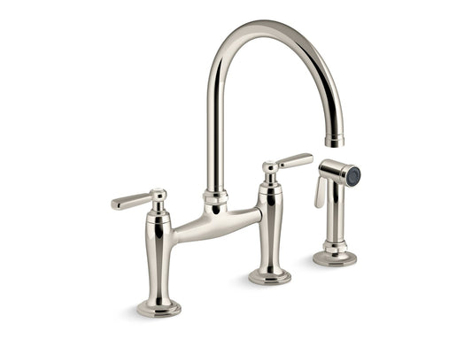 KOHLER K-28356-SN Edalyn By Studio Mcgee Two-Hole Bridge Kitchen Sink Faucet With Side Sprayer In Vibrant Polished Nickel