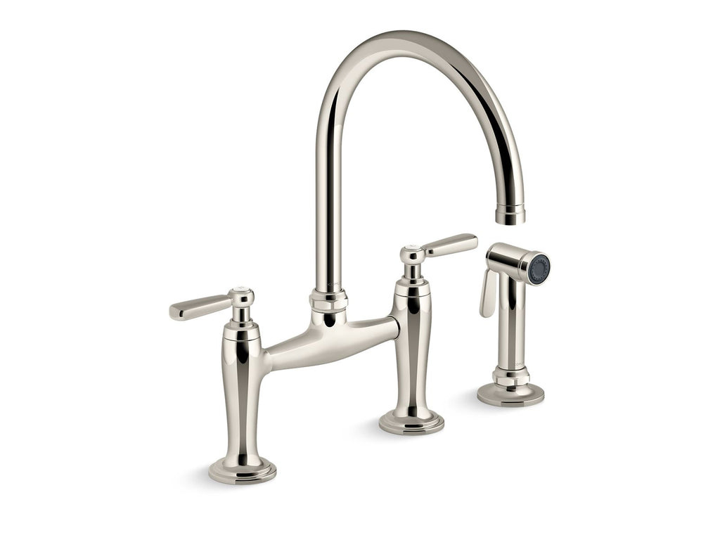 KOHLER K-28356-SN Edalyn By Studio Mcgee Two-Hole Bridge Kitchen Sink Faucet With Side Sprayer - Vibrant Polished Nickel