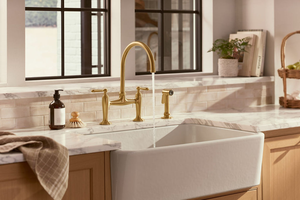 KOHLER K-28356-VS Edalyn By Studio Mcgee Two-Hole Bridge Kitchen Sink Faucet With Side Sprayer - Vibrant Stainless