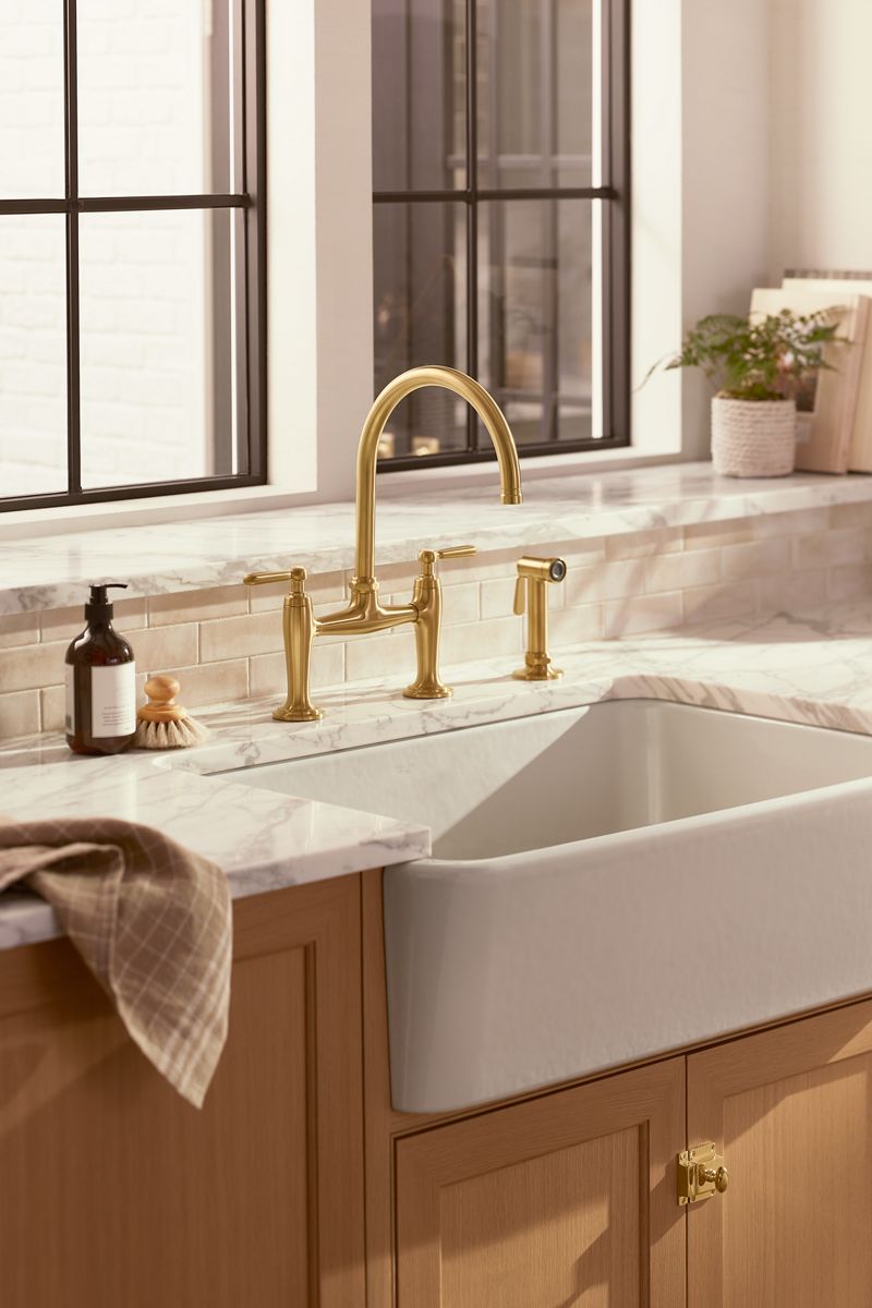 KOHLER K-28356-VS Edalyn By Studio Mcgee Two-Hole Bridge Kitchen Sink Faucet With Side Sprayer - Vibrant Stainless