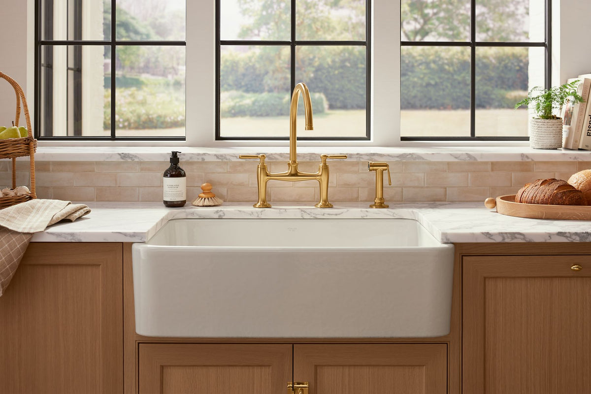 KOHLER K-28356-VS Edalyn By Studio Mcgee Two-Hole Bridge Kitchen Sink Faucet With Side Sprayer - Vibrant Stainless