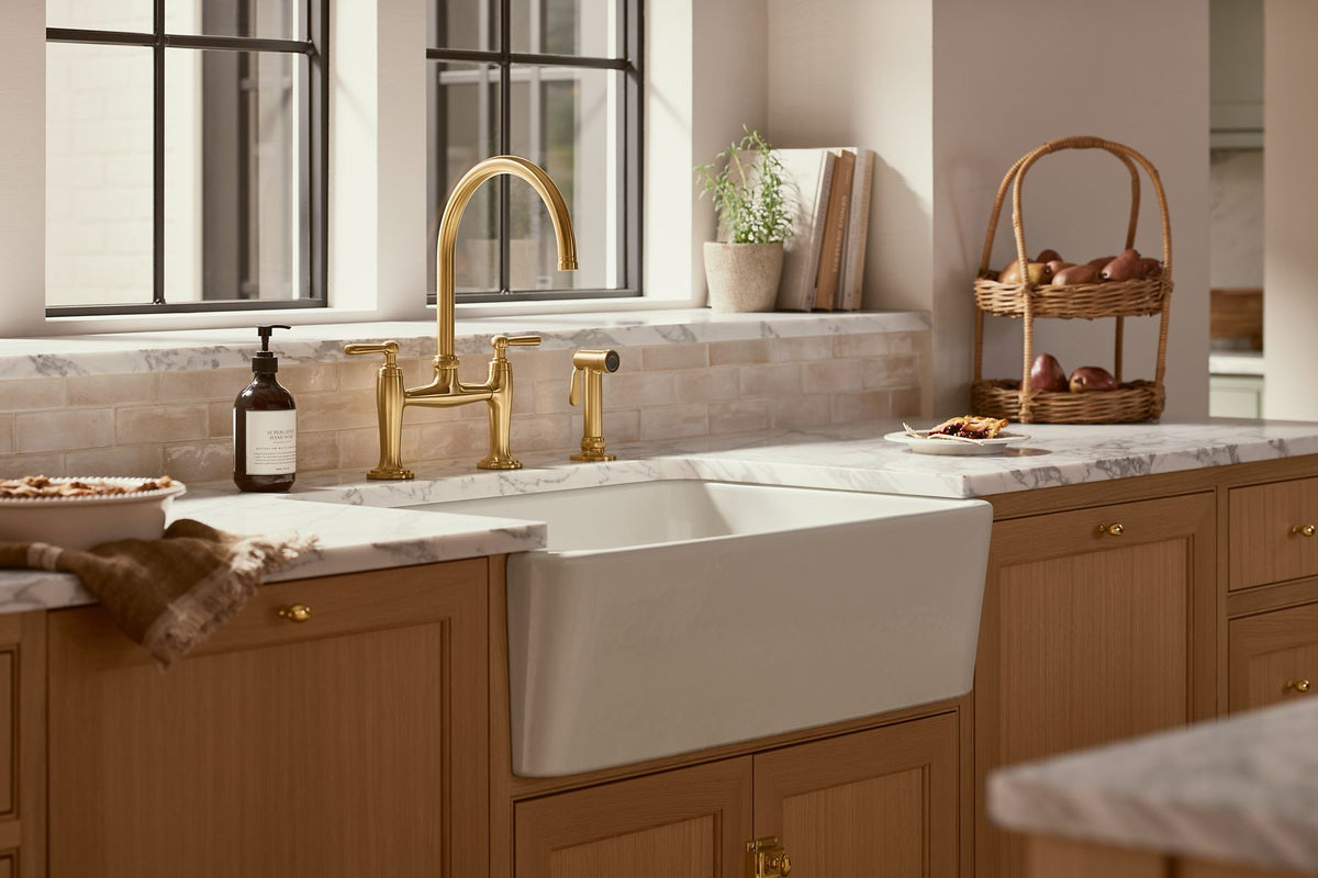 KOHLER K-28356-VS Edalyn By Studio Mcgee Two-Hole Bridge Kitchen Sink Faucet With Side Sprayer - Vibrant Stainless