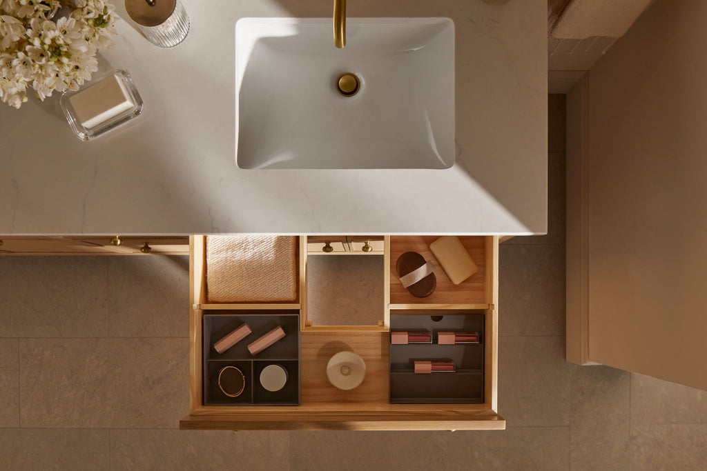KOHLER K-35023-DAK Malin By Studio Mcgee 72" Bathroom Vanity Cabinet With Sinks And Quartz Top - Draper Oak