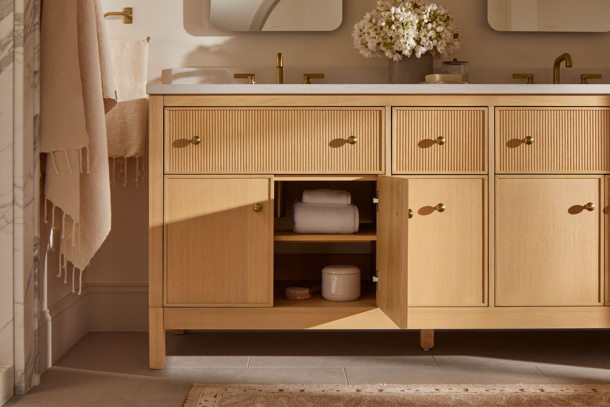 KOHLER K-35023-DAK Malin By Studio Mcgee 72" Bathroom Vanity Cabinet With Sinks And Quartz Top - Draper Oak
