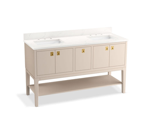 KOHLER K-35028-LWG Seagrove By Studio Mcgee 60" Bathroom Vanity Cabinet With Sinks And Quartz Top In Light Clay