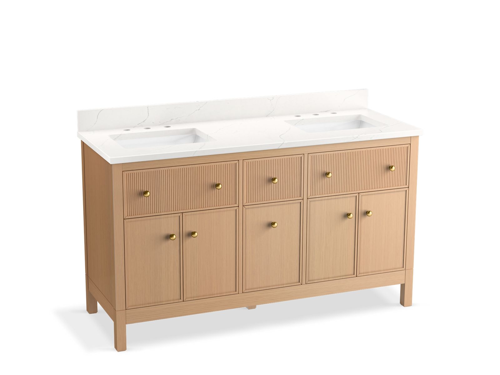 KOHLER K-35022-SWK Malin By Studio Mcgee 60" Bathroom Vanity Cabinet With Sinks And Quartz Top - White Oak