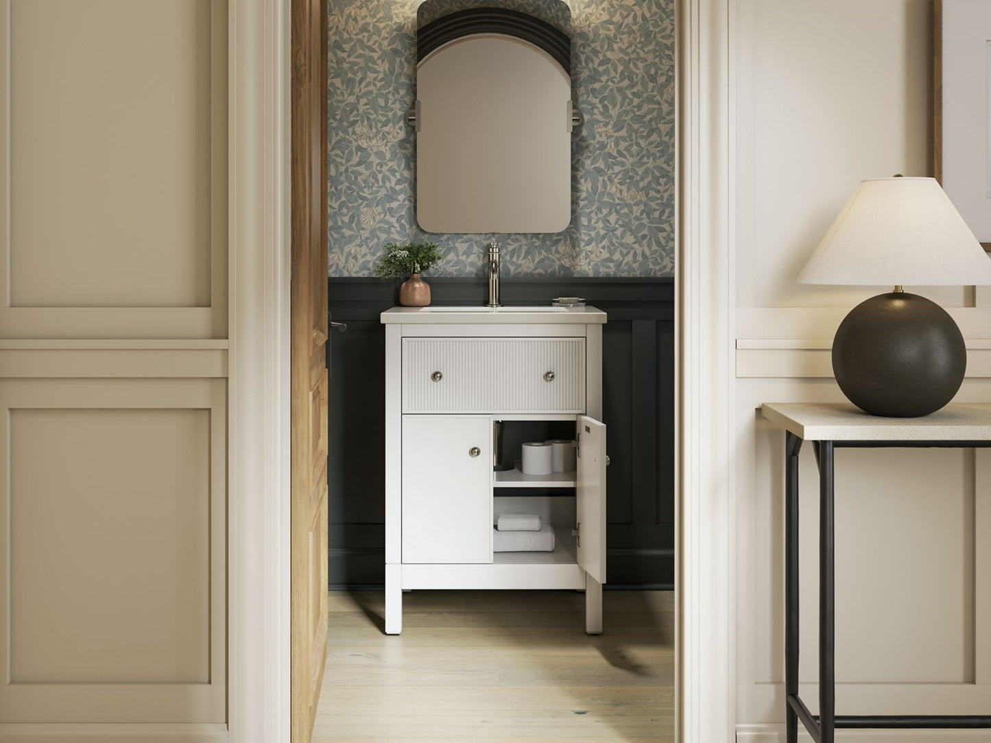 KOHLER K-35018-DAK Malin by Studio McGee 24" bathroom vanity cabinet with sink and quartz top - Draper Oak