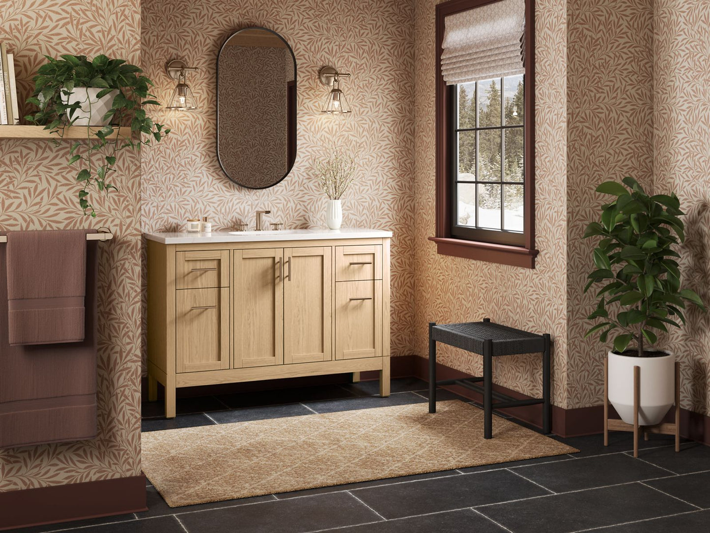 Kohler K-39606-ASB-WEK Hadron 48 In. Bathroom Vanity Cabinet With Sink And Quartz Top In Light Oak