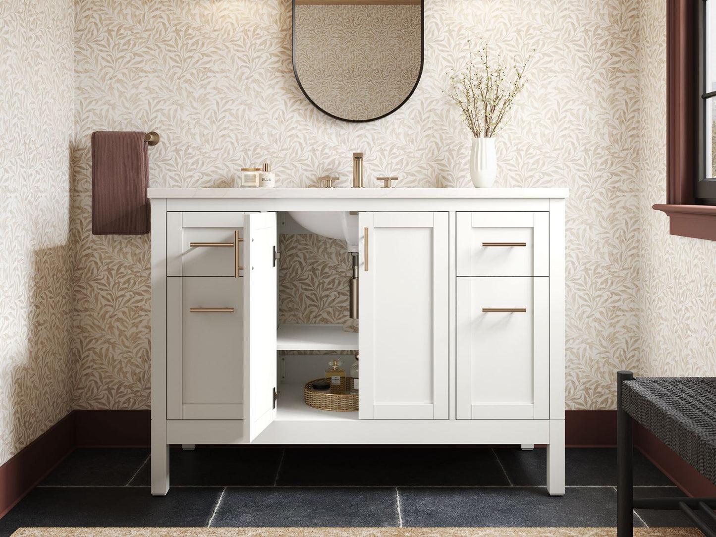 KOHLER K-39606-ASB-0 Hadron 48" Bathroom Vanity Cabinet With Sink And Quartz Top In White