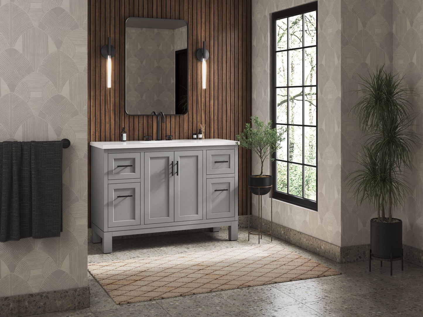 KOHLER K-28383-ASB-1WT Quo 48" Bathroom Vanity Cabinet With Sink And Quartz Top In Mohair Grey