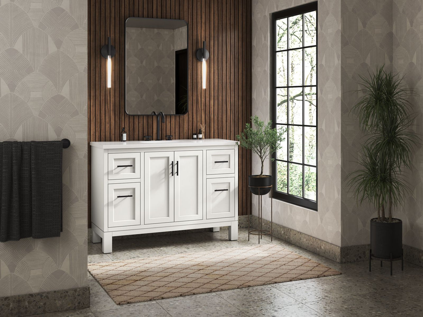 KOHLER K-28383-ASB-0 Quo 48" Bathroom Vanity Cabinet With Sink And Quartz Top In White