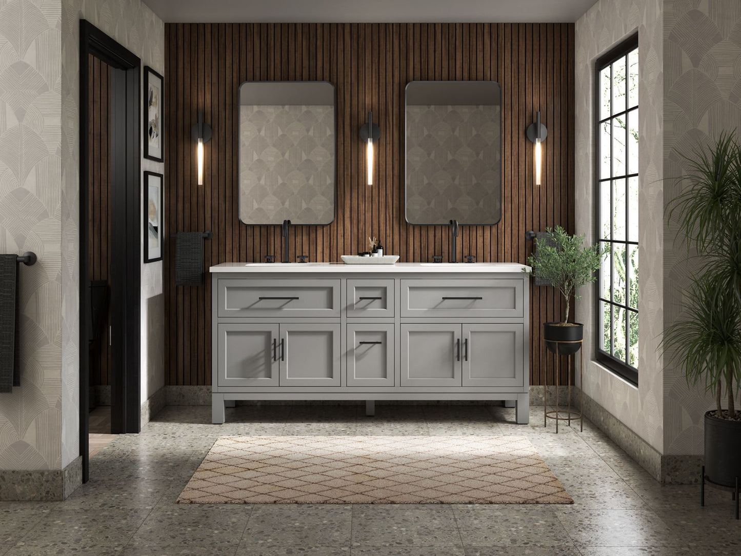 KOHLER K-31247-ASB-1WT Quo 72" Bathroom Vanity Cabinet With Sinks And Quartz Top In Mohair Grey