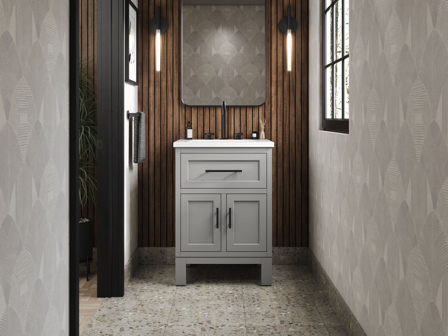 KOHLER K-28379-ASB-1WT Quo 24" Bathroom Vanity Cabinet With Sink And Quartz Top In Mohair Grey