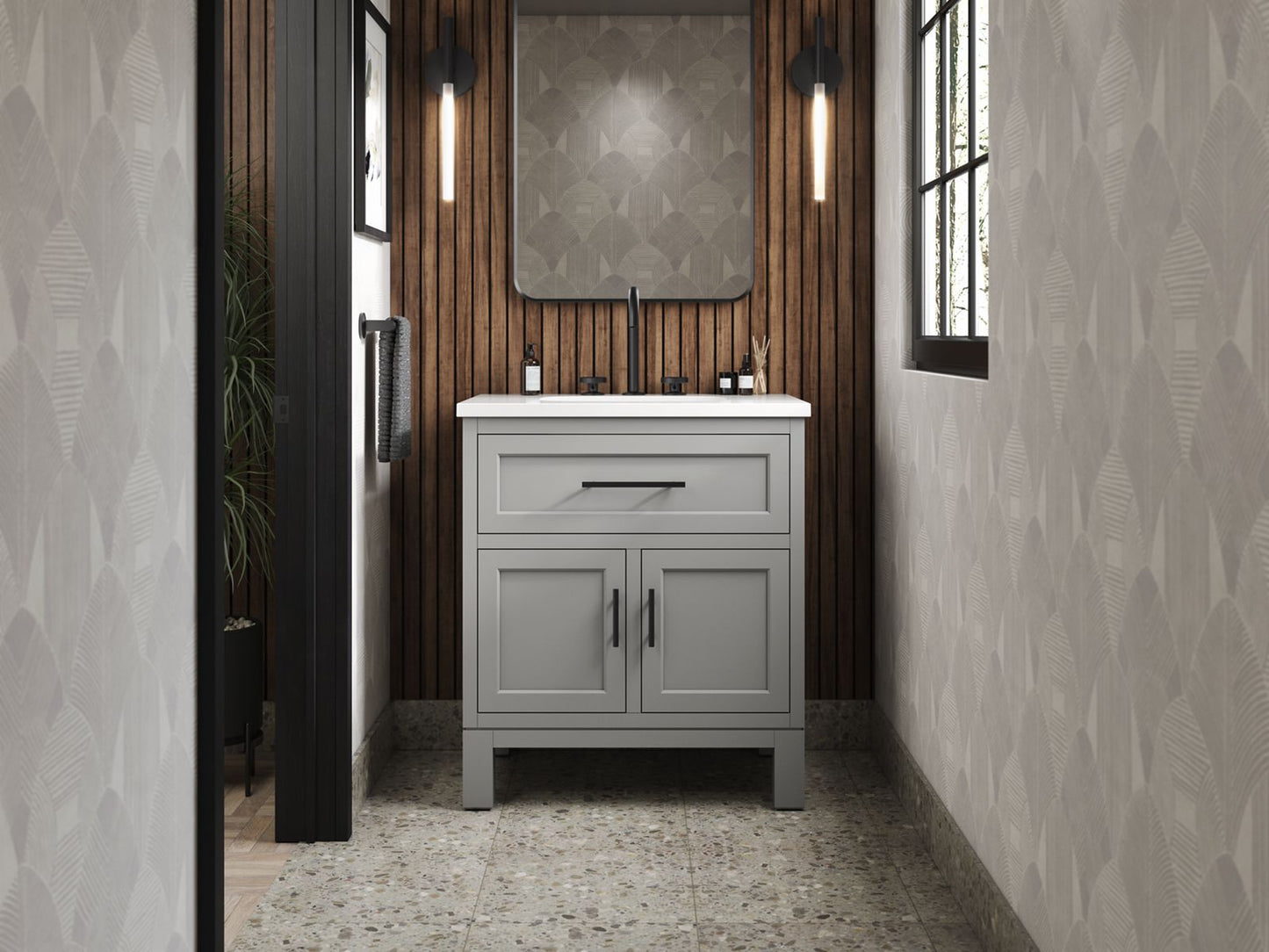 KOHLER K-28380-ASB-1WT Quo 30" Bathroom Vanity Cabinet With Sink And Quartz Top In Mohair Grey