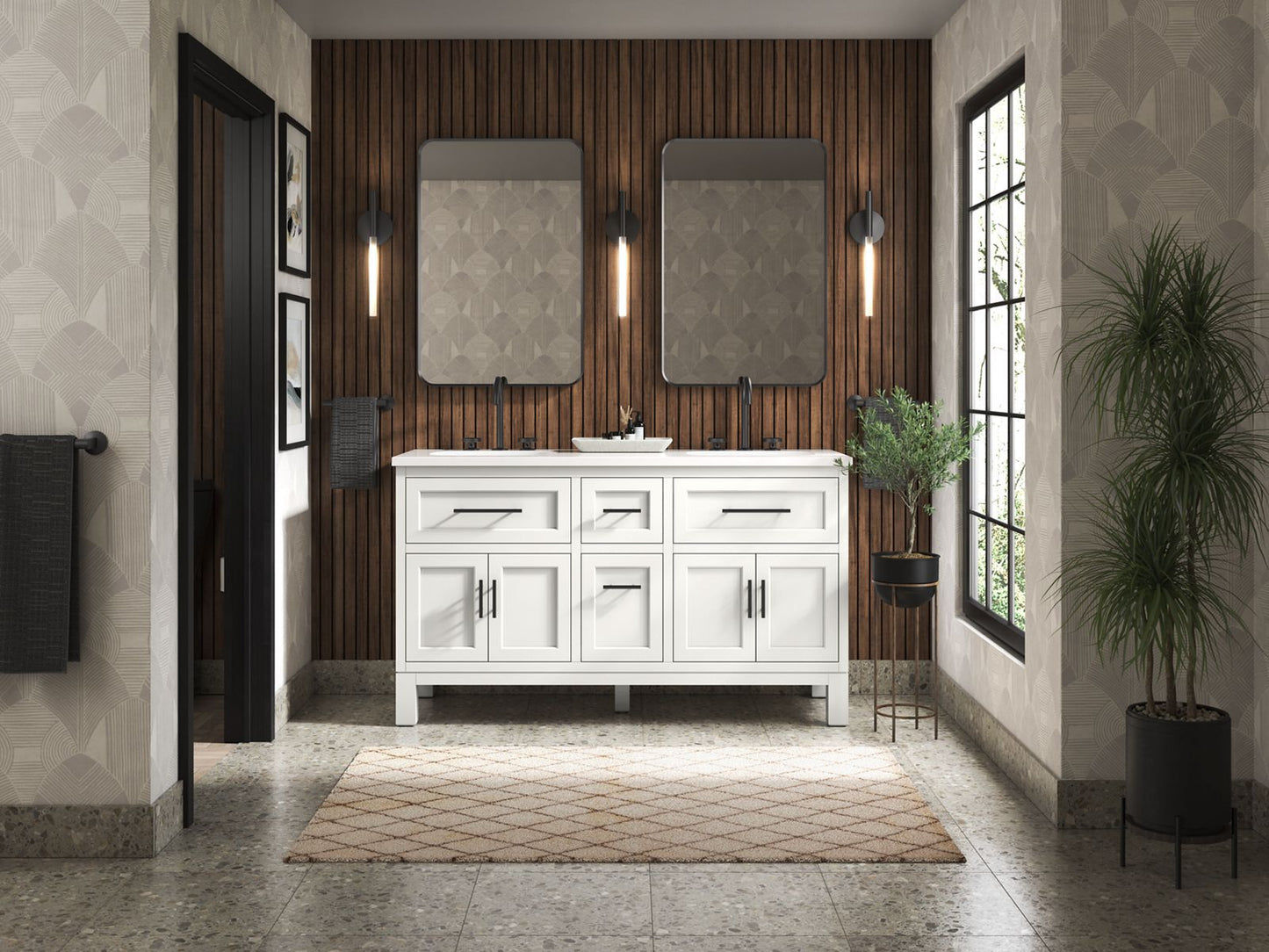 KOHLER K-31246-ASB-0 Quo 60" Bathroom Vanity Cabinet With Sinks And Quartz Top In White