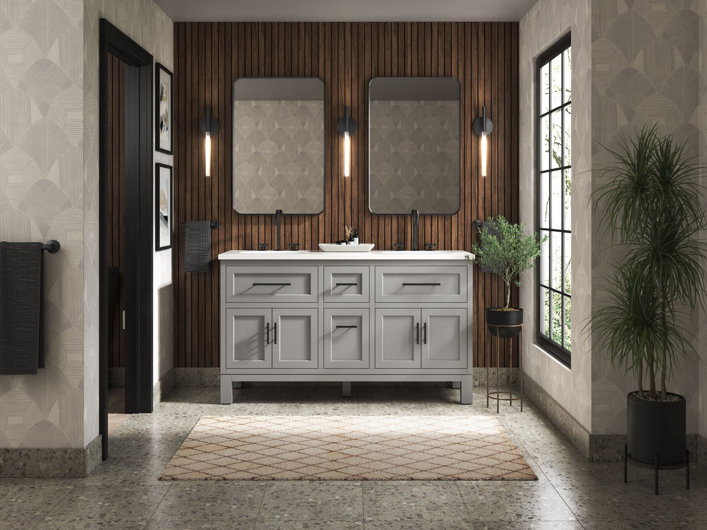 KOHLER K-31246-ASB-1WT Quo 60" Bathroom Vanity Cabinet With Sinks And Quartz Top In Mohair Grey