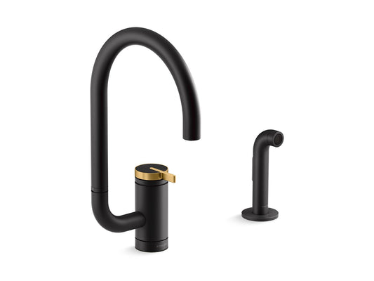 KOHLER K-28272-BMB Components Single-Handle Kitchen Sink Faucet With Two-Function Extended-Reach Spout And Side Sprayer - Matte Black with Moderne Brass