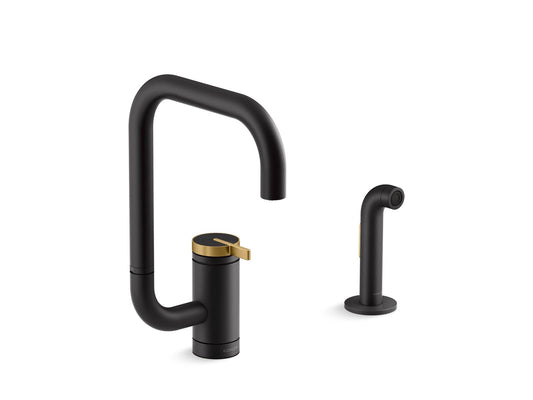 KOHLER K-28274-BMB Components Single-Handle Kitchen Sink Faucet With Two-Function Extended-Reach Spout And Side Sprayer - Matte Black with Moderne Brass