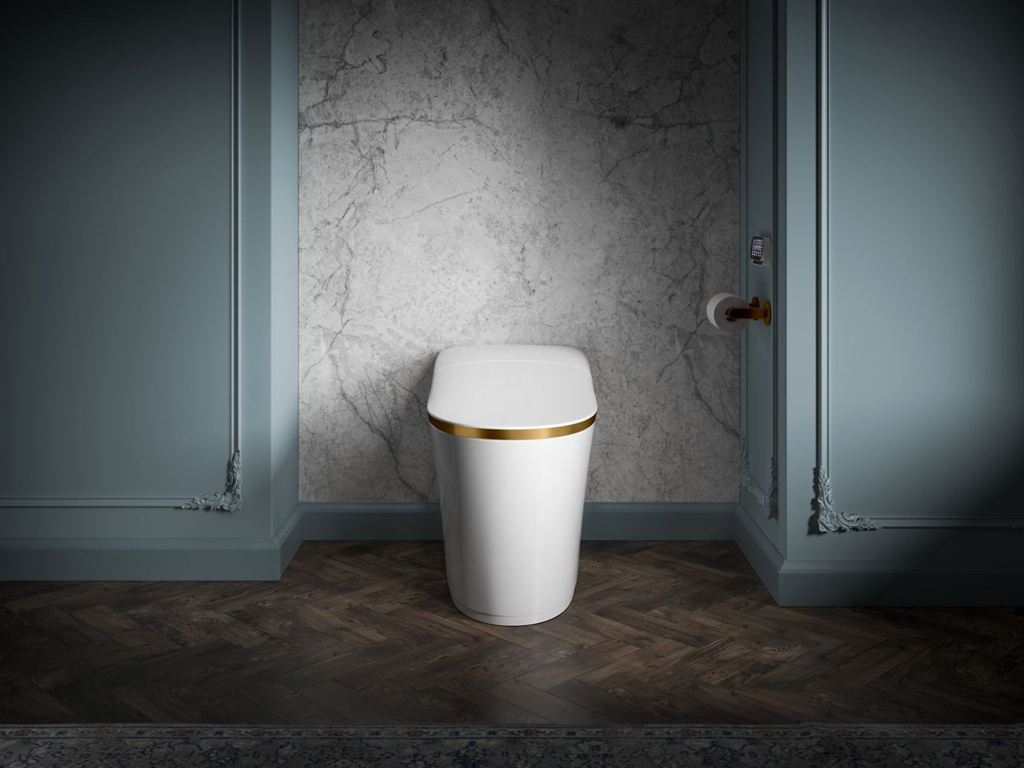 KOHLER K-77795-2MB Eir One-Piece Elongated Smart Toilet Dual-Flush In White with Moderne Brushed Brass