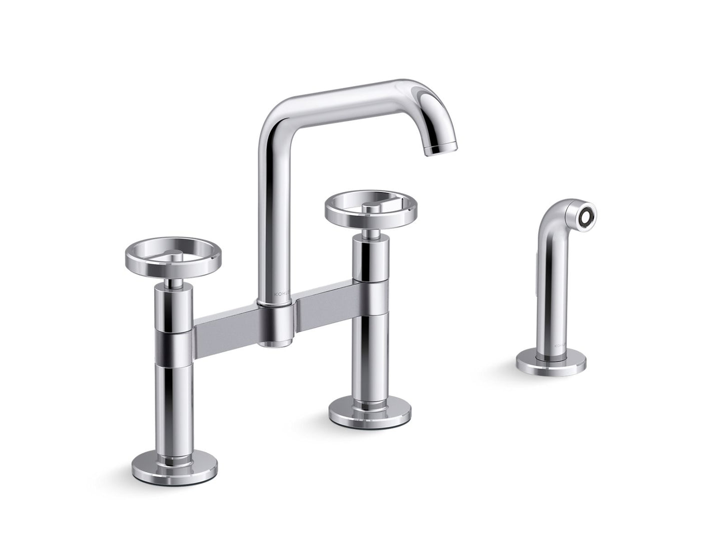 KOHLER K-28665-9-CP Two-hole bridge kitchen sink faucet with side sprayer  -  Polished Chrome