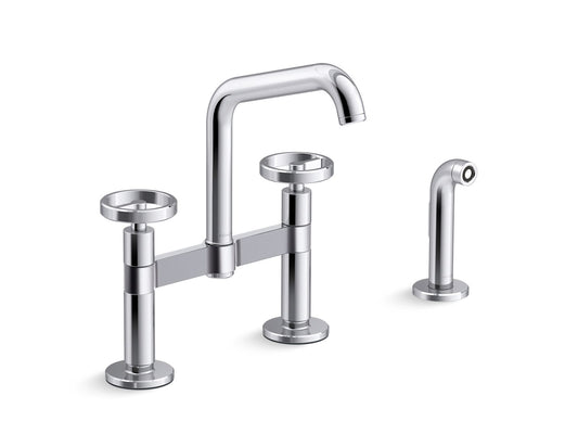 KOHLER K-28665-9-CP Two-hole bridge kitchen sink faucet with side sprayer  -  Polished Chrome