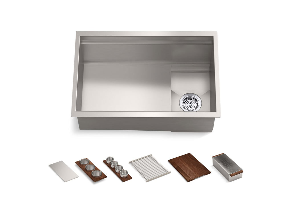 KOHLER K-37911-WAL-NA Synthos 27-3/4" Undermount Single-Bowl Workstation Kitchen Sink - Solid Wood Dark Walnut