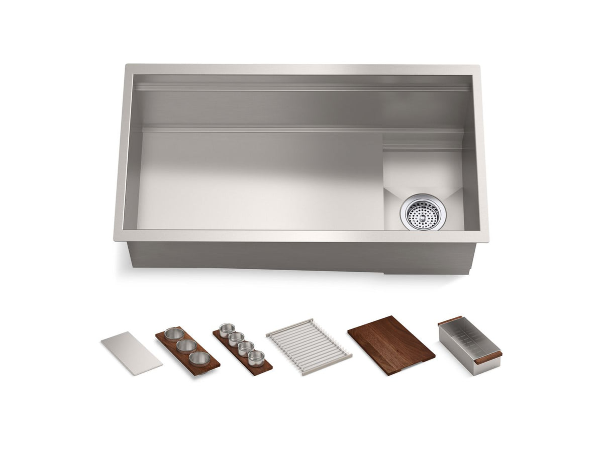 KOHLER K-37908-WAL-NA Synthos 33-3/4" Undermount Single-Bowl Workstation Kitchen Sink - Solid Wood Dark Walnut