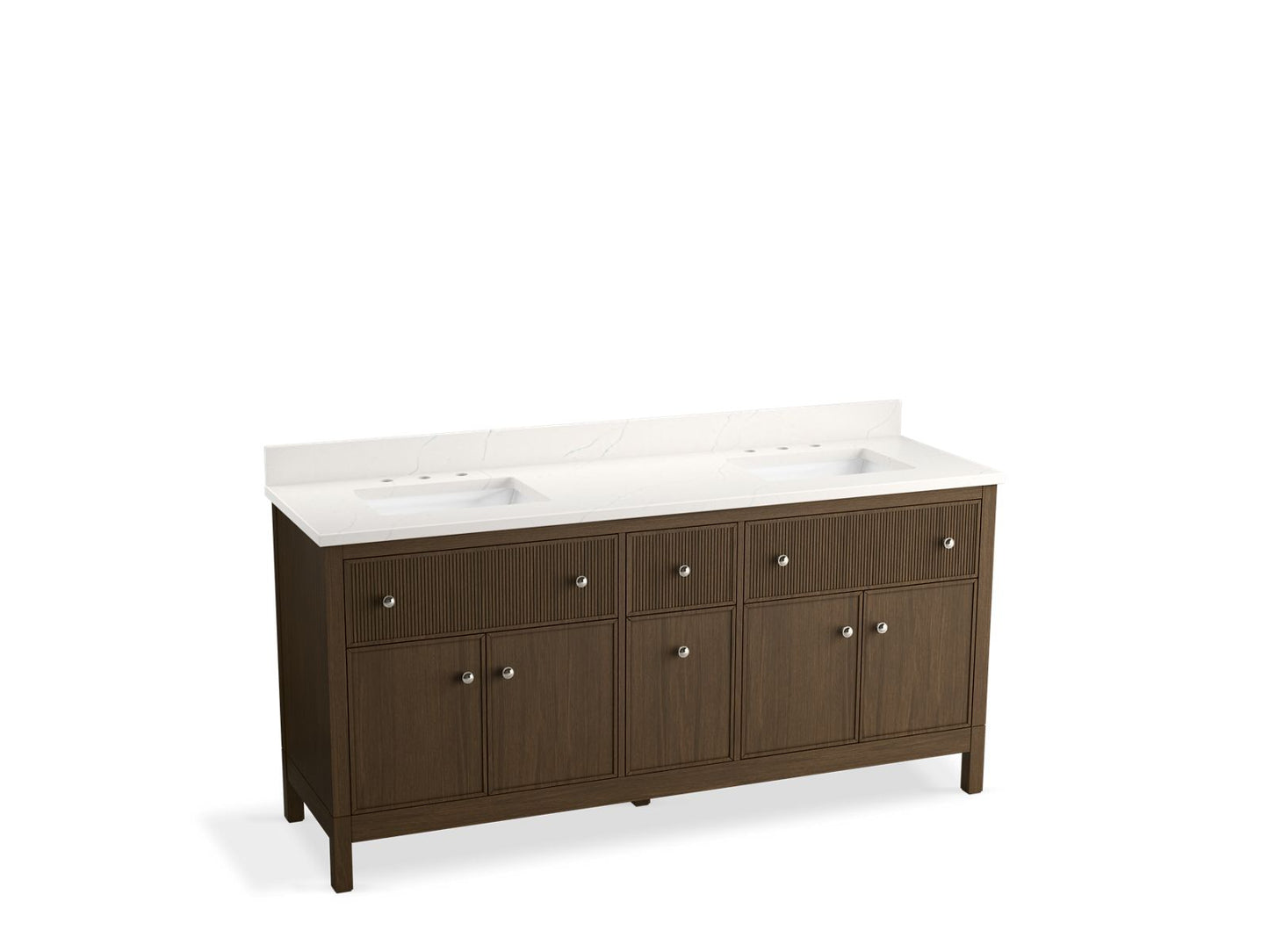 KOHLER K-35023-DAK 72" bathroom vanity cabinet with sinks and quartz top  -  Draper Oak