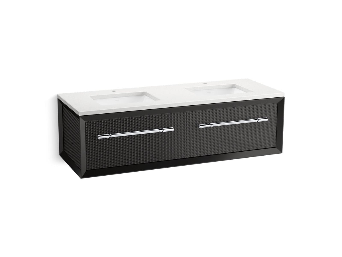 KOHLER K-CM33563-BD11-GWC Enivo 60" Wall-Hung Bathroom Vanity Cabinet With Sinks And Quartz Top - Gloss Black