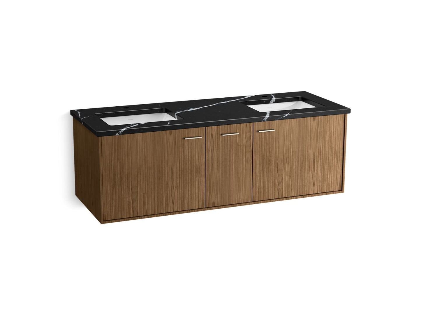 KOHLER K-CM99548-BD16-ME2 60" wall-hung bathroom vanity cabinet with sinks and quartz top  -  Walnut Flax