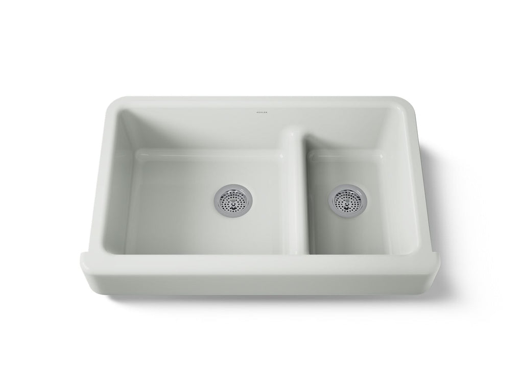 KOHLER K-6426-FF Whitehaven Smart Divide 35-1/2" Undermount Double-Bowl Farmhouse Kitchen Sink With Short Apron - Sea Salt