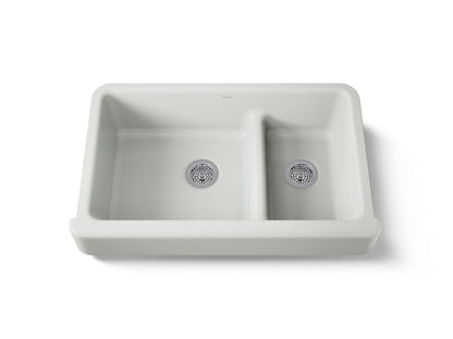 KOHLER K-6426-FF Whitehaven Smart Divide 35-1/2" undermount double-bowl farmhouse kitchen sink with short apron - Sea Salt