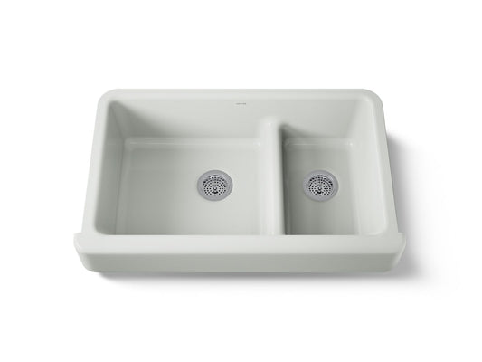 KOHLER K-6426-FF Whitehaven Smart Divide 35-1/2" undermount double-bowl farmhouse kitchen sink with short apron - Sea Salt