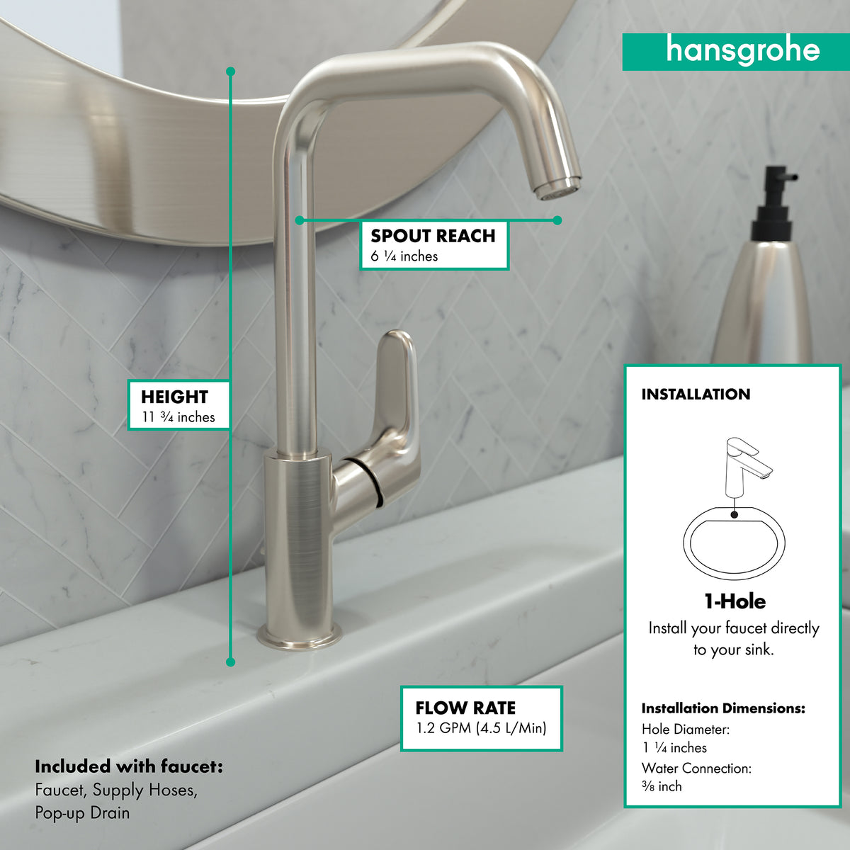 HANSGROHE 31609821 Focus Single-Hole Faucet 240 with Swivel Spout and Pop-Up Drain, 1.2 GPM - Brushed Nickel