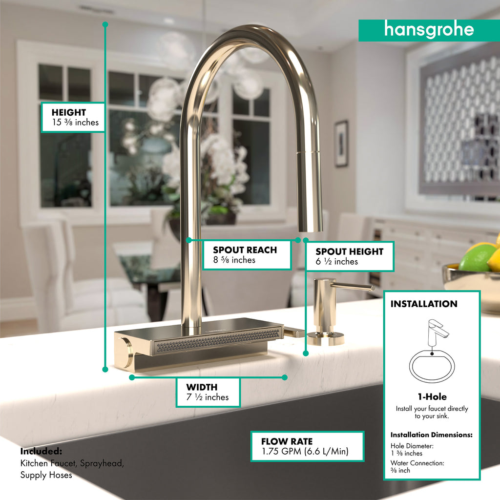 HANSGROHE 73837831 Aquno Select HighArc Kitchen Faucet, 3-Spray Pull-Down, 1.75 GPM - Polished Nickel