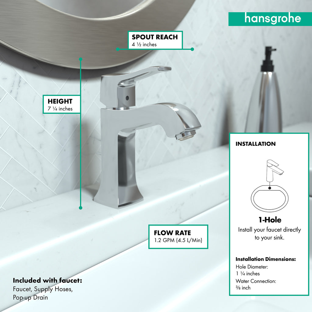 HANSGROHE 31075001 Metris C Single-Hole Faucet 100 with Pop-Up Drain, 1.2 GPM - Chrome