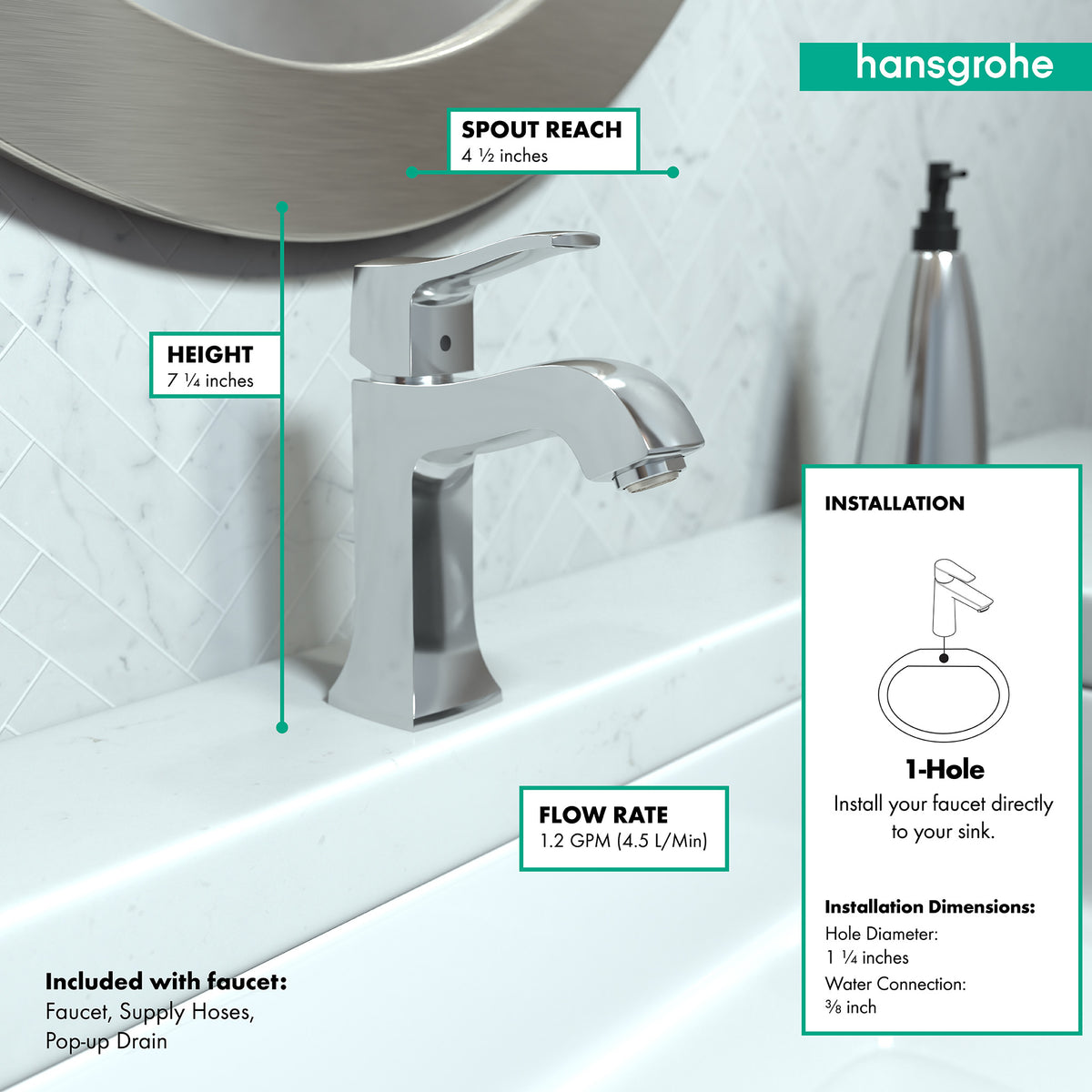 HANSGROHE 31075001 Metris C Single-Hole Faucet 100 with Pop-Up Drain, 1.2 GPM - Chrome