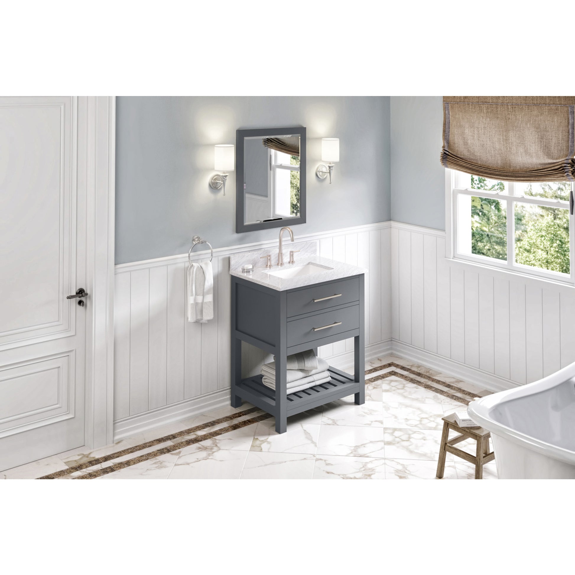 JEFFREY ALEXANDER VKITWAV30GRWCR 30" Grey Wavecrest Vanity, White Carrara Marble Vanity Top, undermount rectangle bowl - Grey