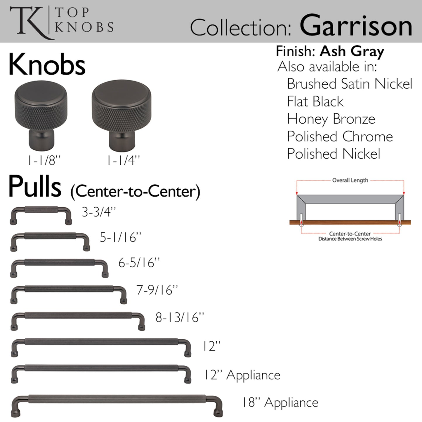 TOP KNOBS TK3260AG Garrison 1 1/8" Length Round Knob - Ash Gray