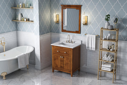 JEFFREY ALEXANDER VKITCHA30CHWCR 30" Chocolate Chatham Vanity, White Carrara Marble Vanity Top, undermount rectangle bowl - Chocolate