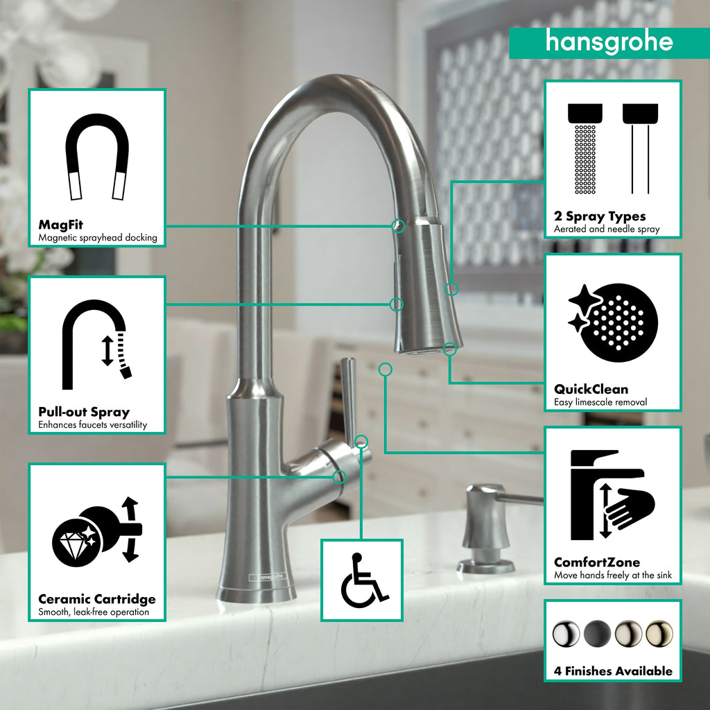 HANSGROHE 04793800 Joleena HighArc Kitchen Faucet, 2-Spray Pull-Down, 1.75 GPM - Stainless Steel Optic